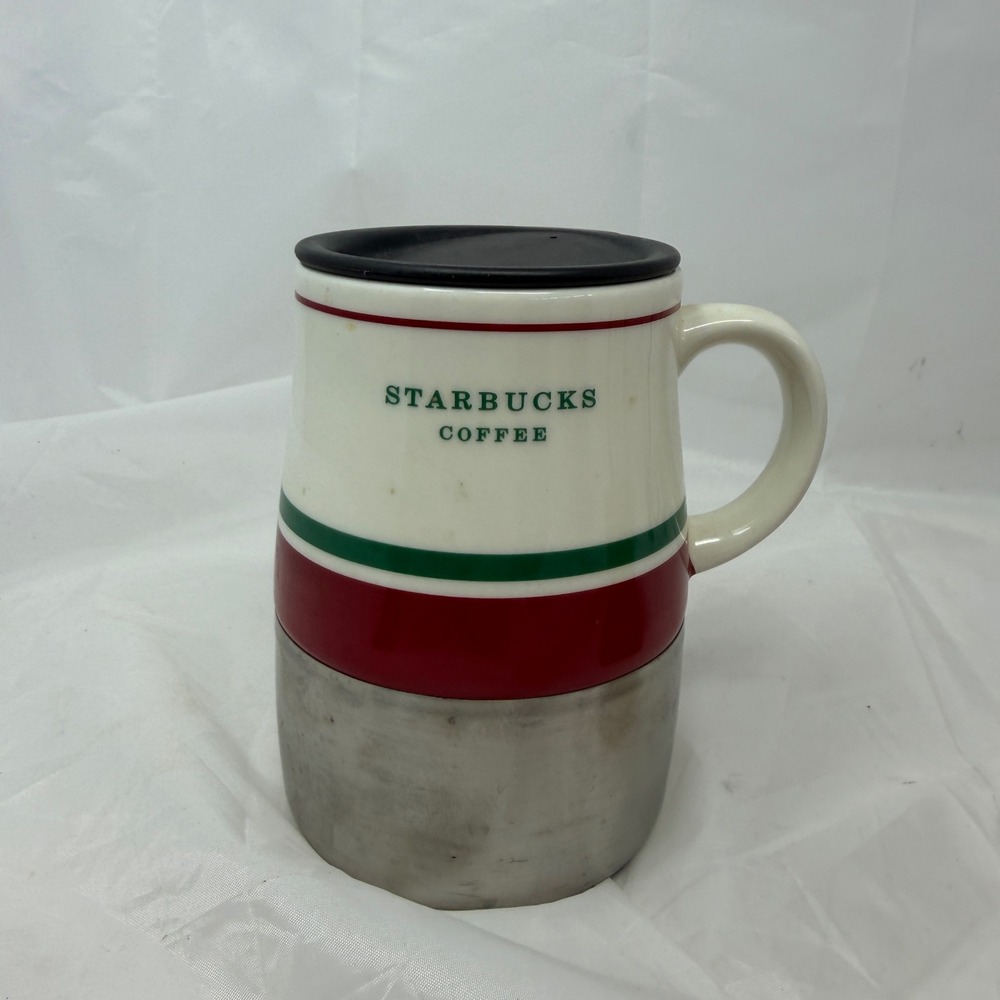Starbucks 2006 Ceramic Stainless Steel Coffee Mug 14oz Red Green Stripe 236333